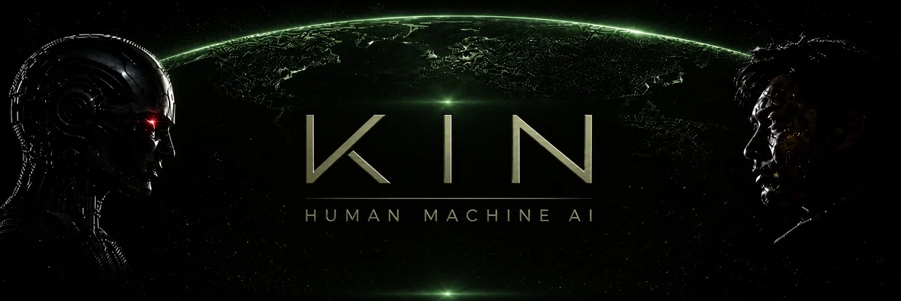 KIN Human Machine AI banner showing a human and machine facing each other across a glowing world